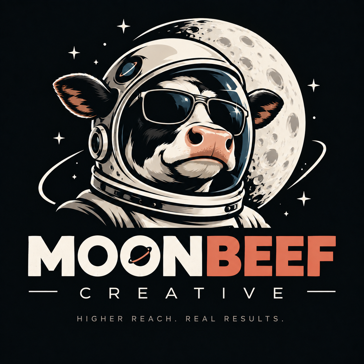 Moonbeef Marketing: an astronaut cow in sunglasses in front of the moon